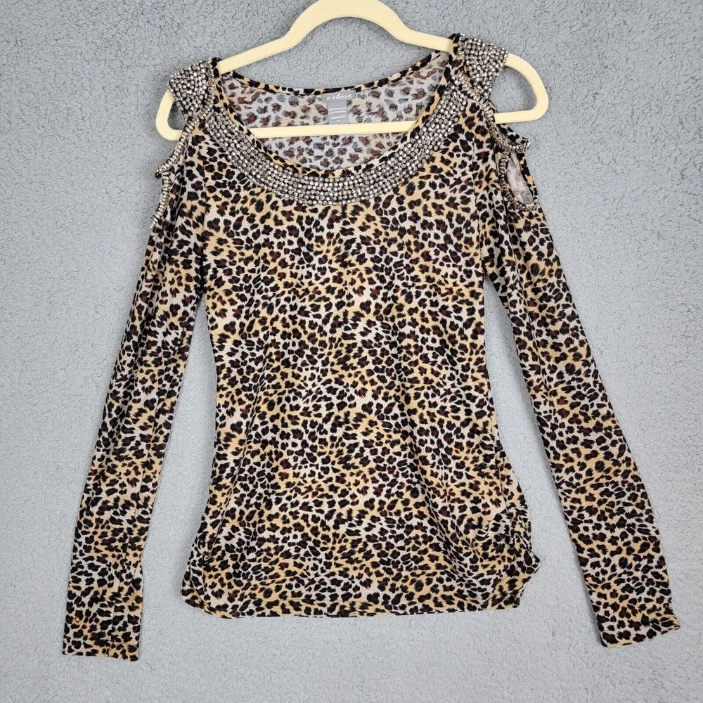 C. Oliver Blouse M Leopard Print Cold Shoulder Stretchy Silver Bead Embellished